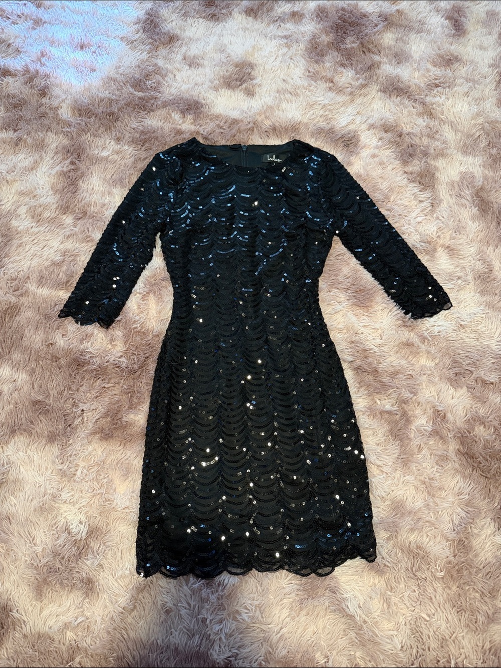 Lulu's Black “Star Dust” Sequin Scalloped Lace Sheath Dress
